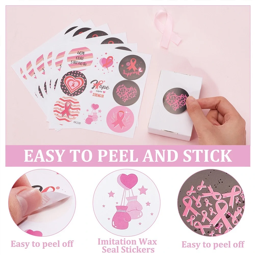 180 Pink Ribbon Support Stickers, Hope Cure Strength